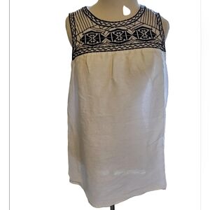 Embellished White and Black Tank Top with Intricate Design 100% Linen